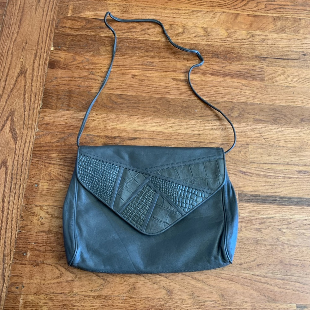Vintage 80s Albi Gray Leather Crossbody Purse Crocodile Print